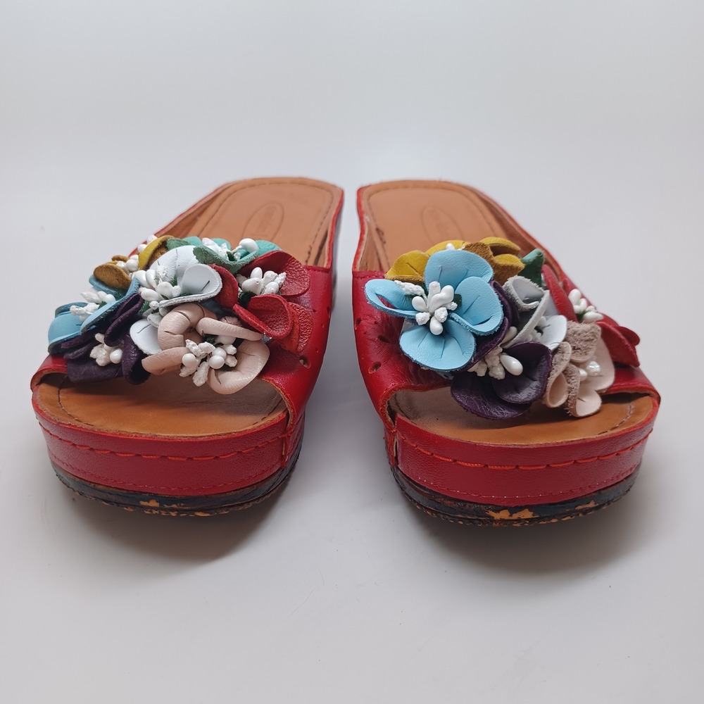 Sheridan Mia Red Leather Floral Wedge Sandals Womens Slides Multi Color Flowers - Picture 4 of 13